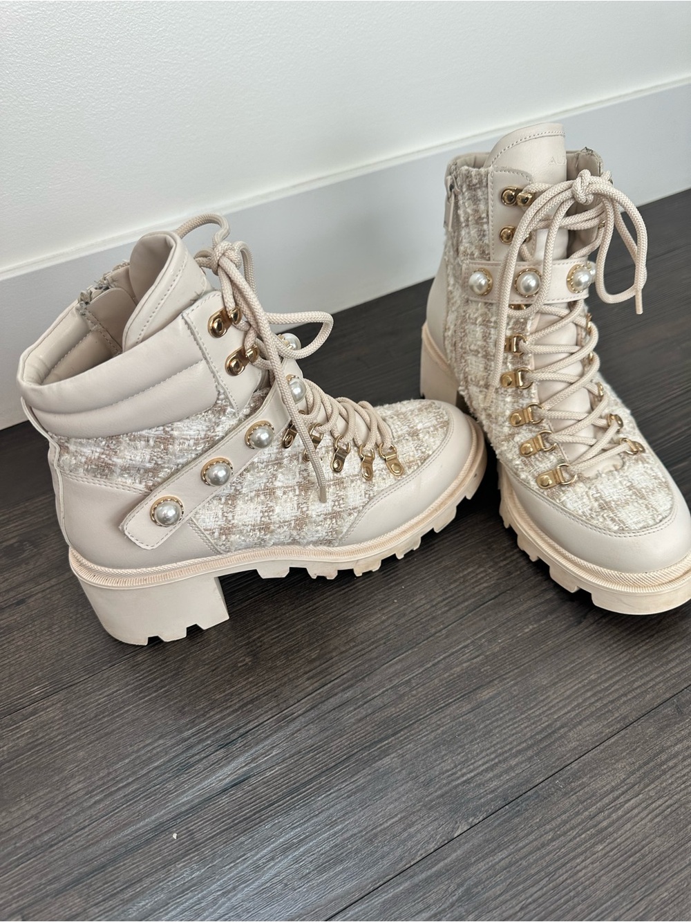 ALDO Cream Tweed Pearl Combat Boots Size 10